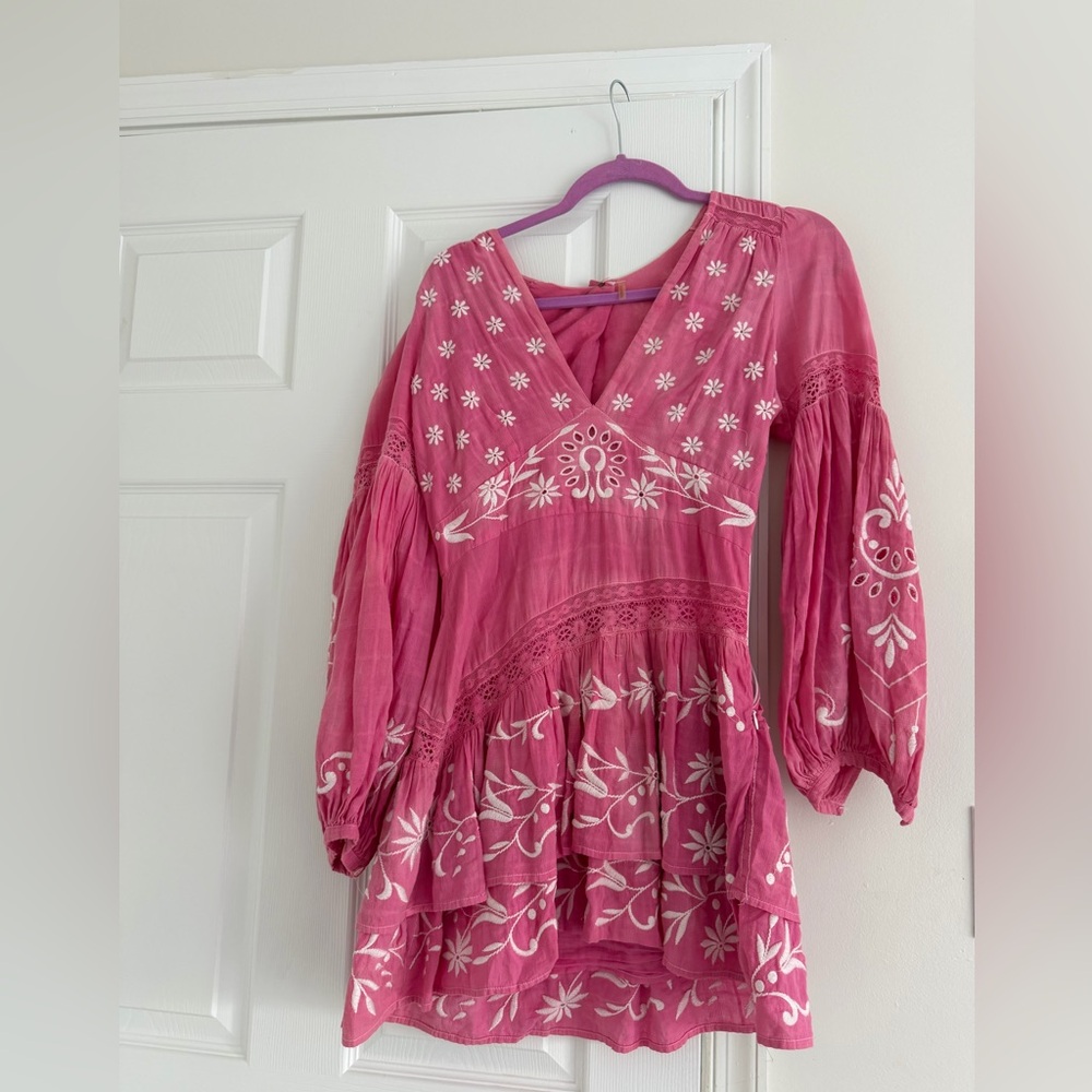 Pink Embroidered V-Neck Boho Tunic